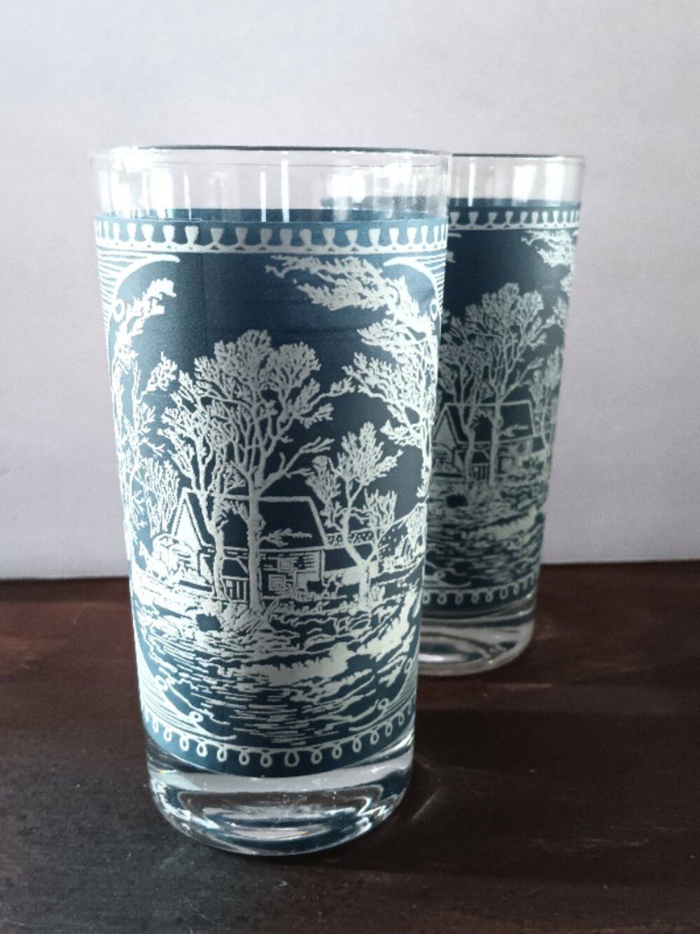 Set of 2 Vintage Currier and Ives Blue Glass Tumblers